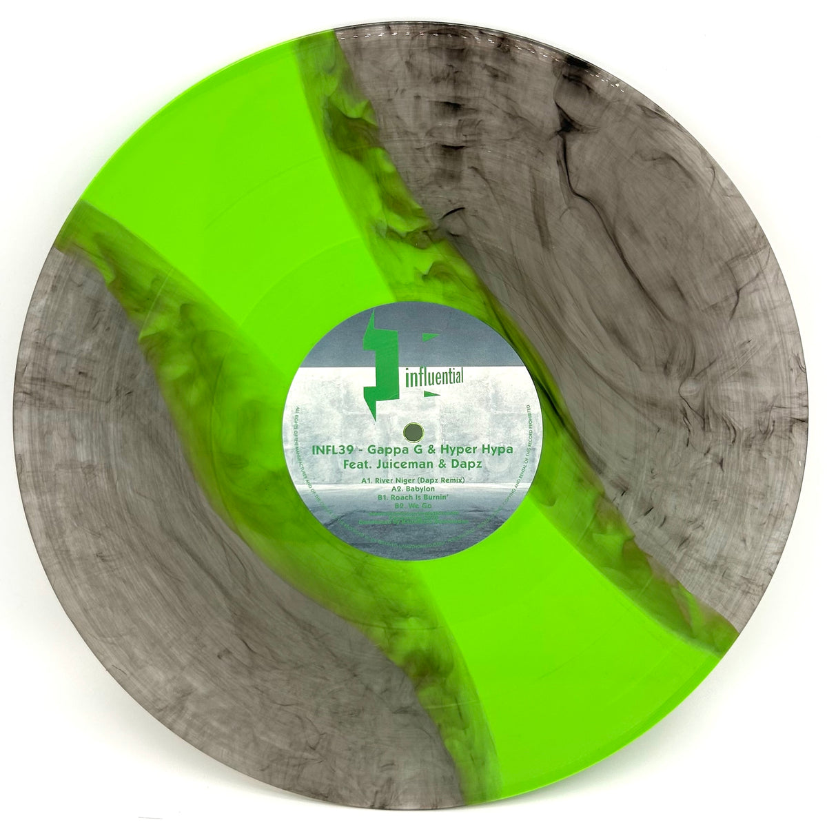 Babylon EP clear smoked and green stripe vinyl with tracklist label