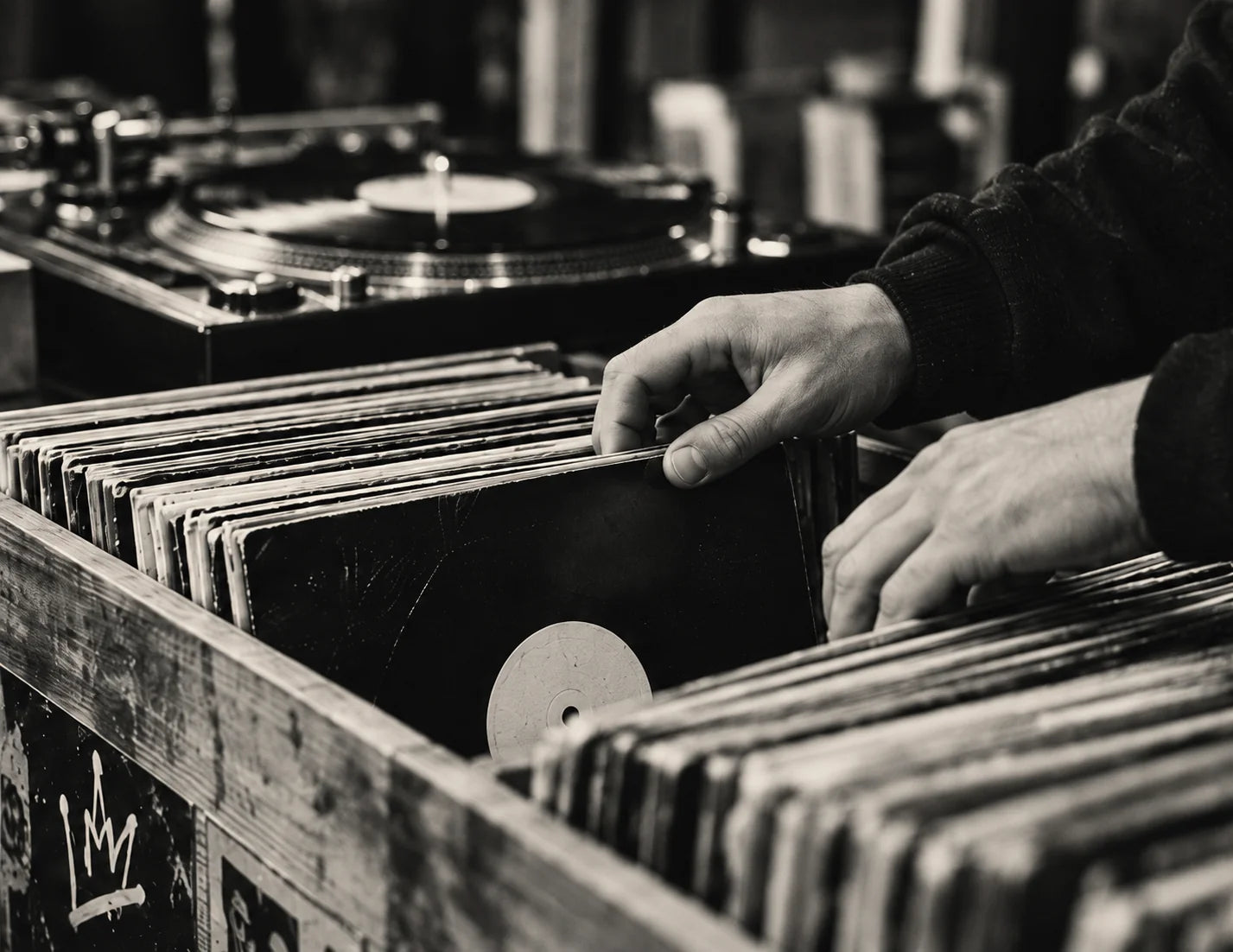 A DJ digging through a wooden crate of vinyl records beside the turntables