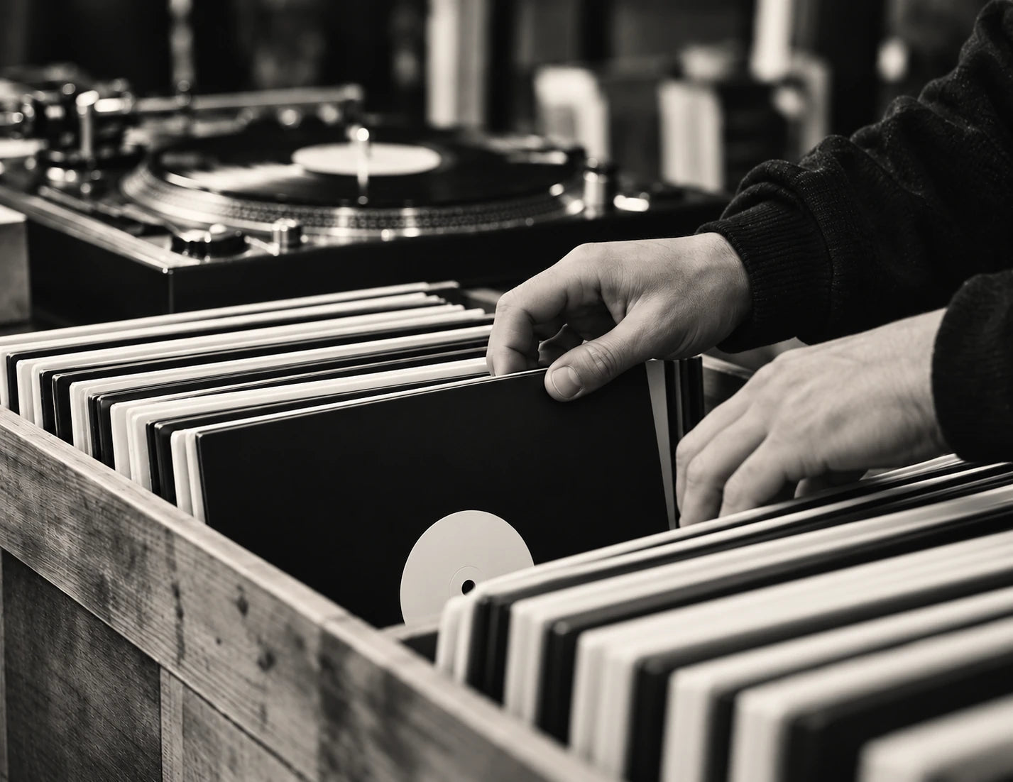 A DJ digging through a wooden crate of vinyl records beside the turntables